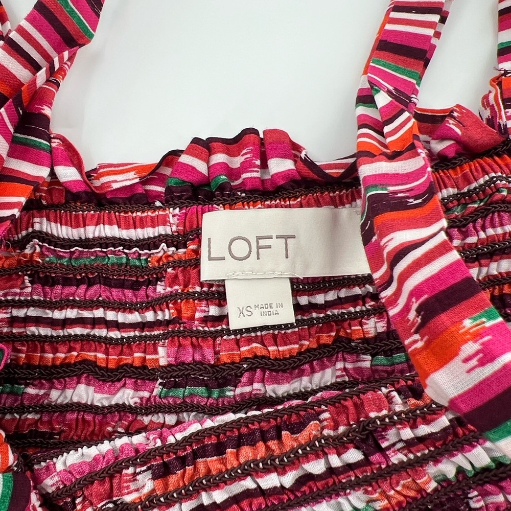 Loft Pink Purple Ikat Smocked Peplum Cami Tank Top Blouse Square Neck XS - Picture 5 of 10